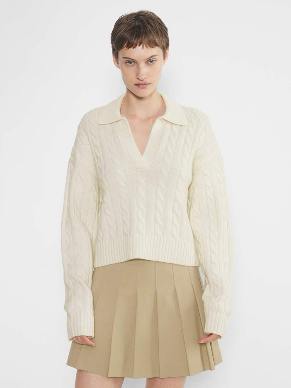 Aritzia Sunday Lottie Cropped Polo Sweater Cable Knit Cream Size Large